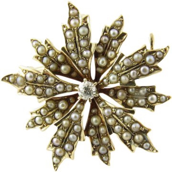 Vintage 14 Karat Yellow Gold Seed Pearl and Diamond Pendant #4364 - Picture 1 of 8